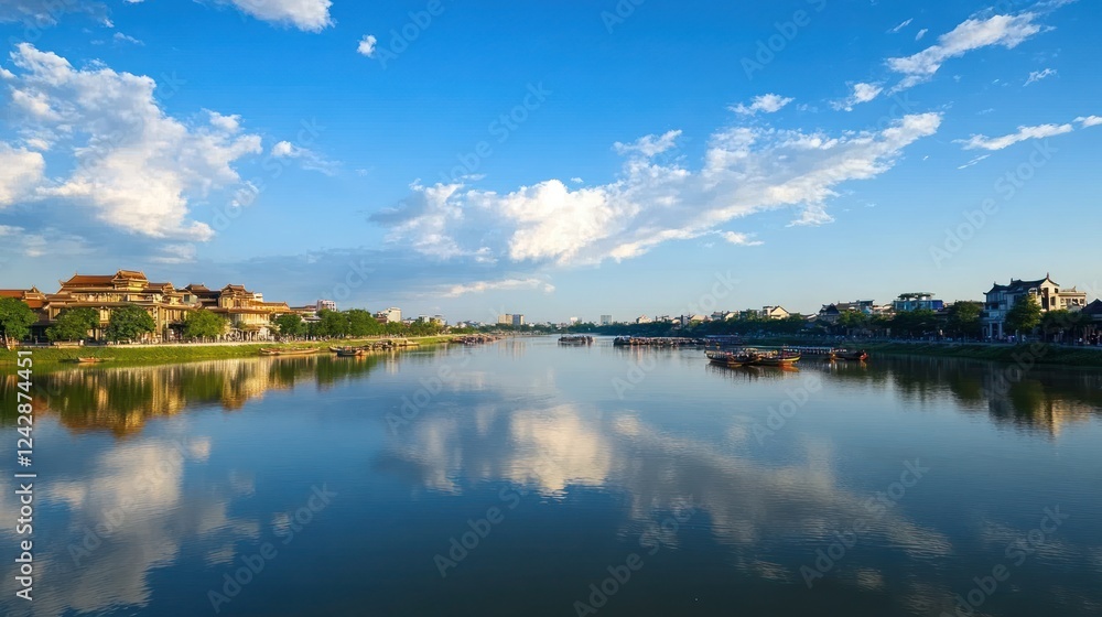 Serene Reflection on the Perfume River, Hue, Vietnam Serene Reflection on the Perfume River, Hue, Vietnam