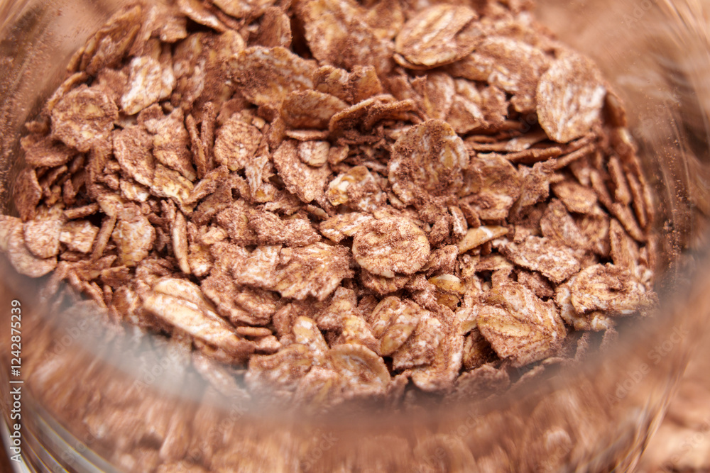 Obraz premium Dry oat flakes with organic cocoa powder in a glass container. Macro shot.