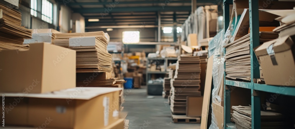 Obraz premium Cardboard storage warehouse interior, stacked boxes, background shelving