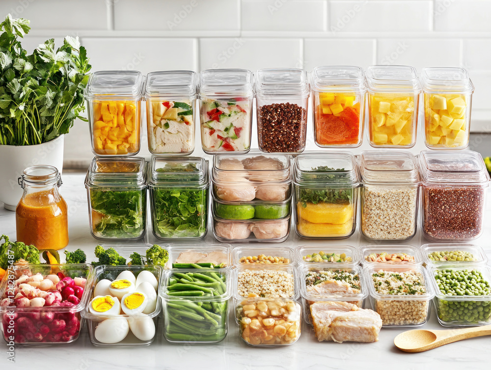 variety of meal preps are neatly arranged in clear containers on white countertop, showcasing colorful assortment of fruits, vegetables, grains, and proteins variety of meal preps are neatly arranged in clear containers on white countertop, showcasing colorful assortment of fruits, vegetables, grains, and proteins