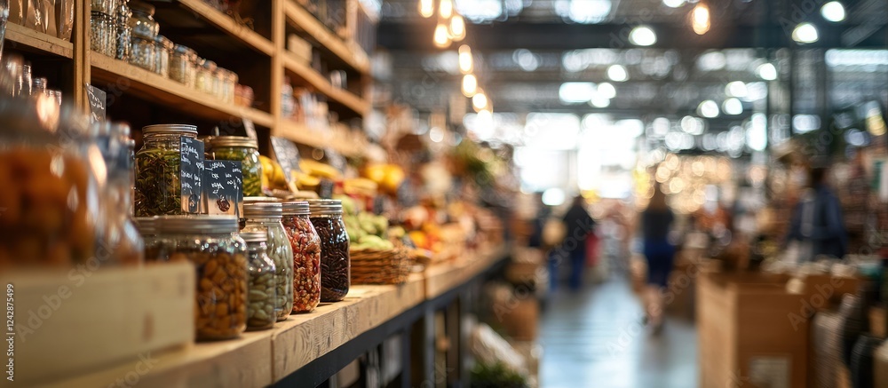 Fototapeta premium Farmers market shelves, jars, snacks, shoppers aisle