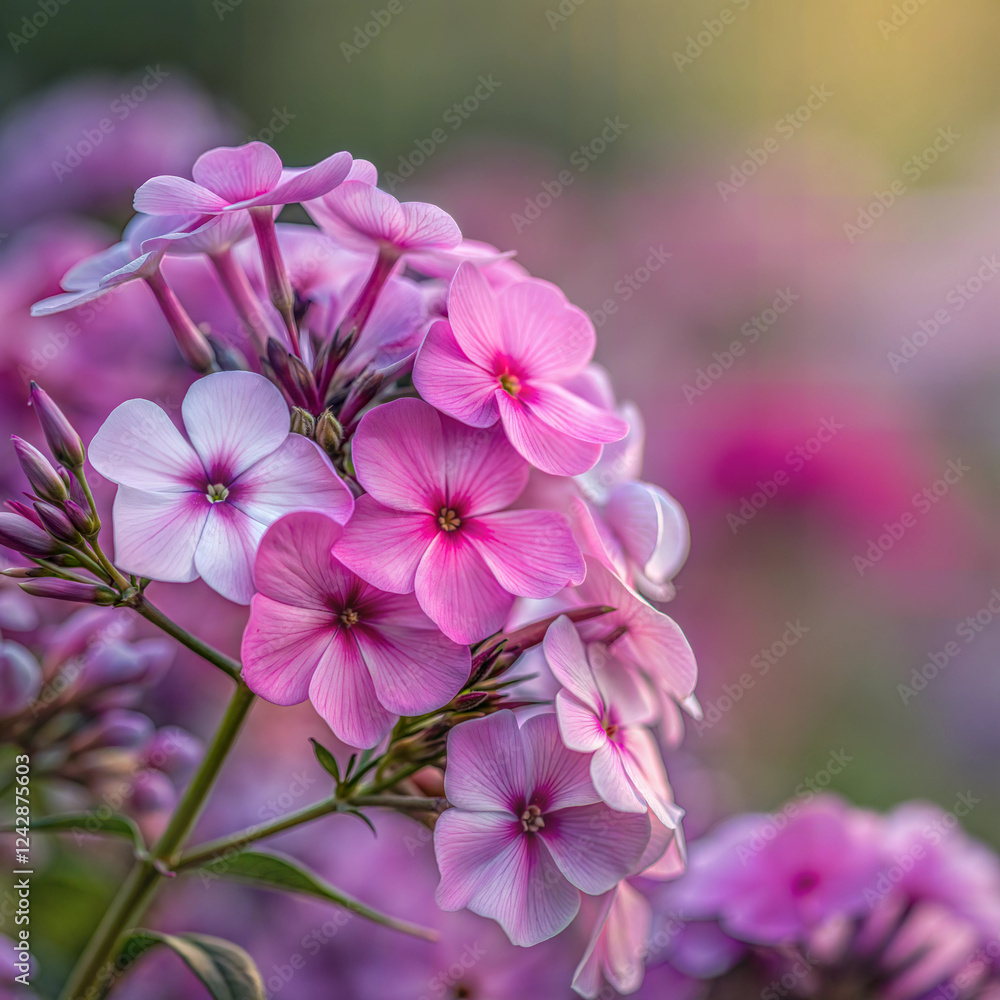 Fototapeta premium Beautiful cluster of pink and white phlox flowers blooming in a garden during golden hour, showcasing vibrant colors and detail