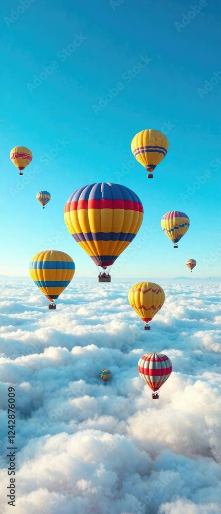 Vibrant hot air balloons float gently above a thick layer of clouds in a bright blue sky, cloudy sky, sunny day, vibrant colors Vibrant hot air balloons float gently above a thick layer of clouds in a bright blue sky, cloudy sky, sunny day, vibrant colors