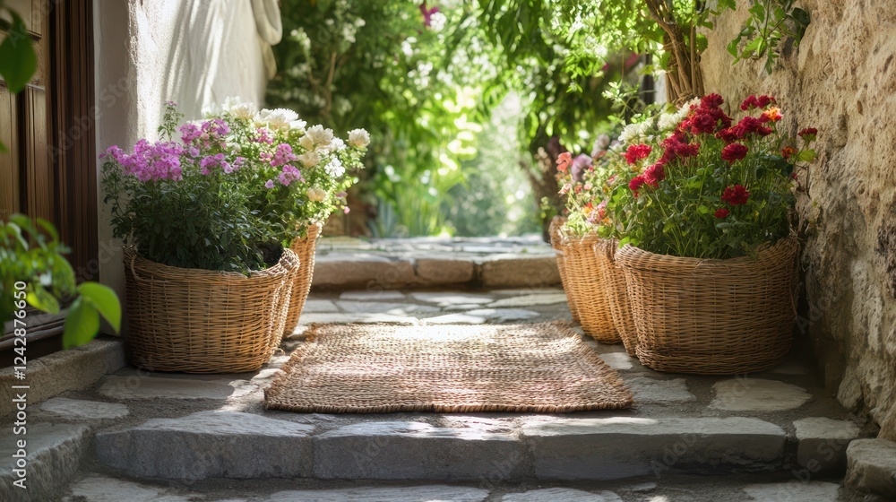 Sunlit Stone Pathway with Vibrant Flowers in Baskets Sunlit Stone Pathway with Vibrant Flowers in Baskets