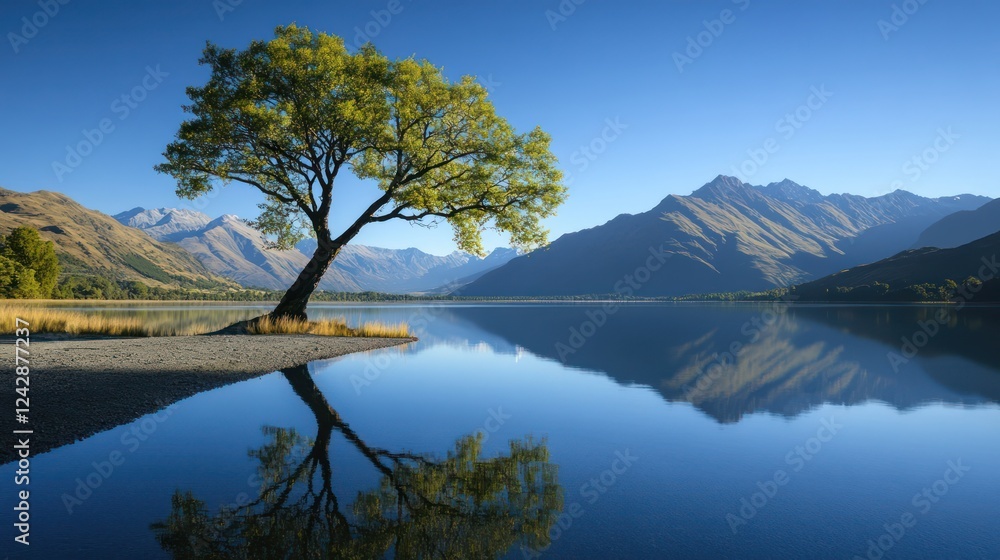 Majestic Reflection: A Solitary Tree by a Serene Lake, Mountains in the Background Majestic Reflection: A Solitary Tree by a Serene Lake, Mountains in the Background
