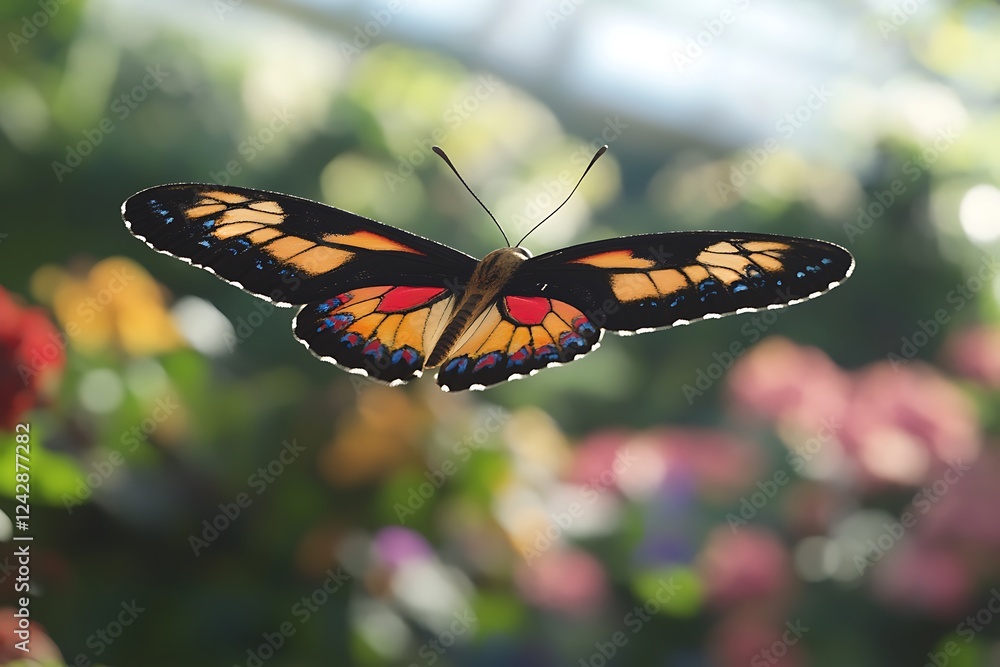 A captivating shot of a butterfly soaring mid-flight with reflections of colorful blossoms in its delicate wings, against a backdrop of a vibrant garden. A captivating shot of a butterfly soaring mid-flight with reflections of colorful blossoms in its delicate wings, against a backdrop of a vibrant garden.