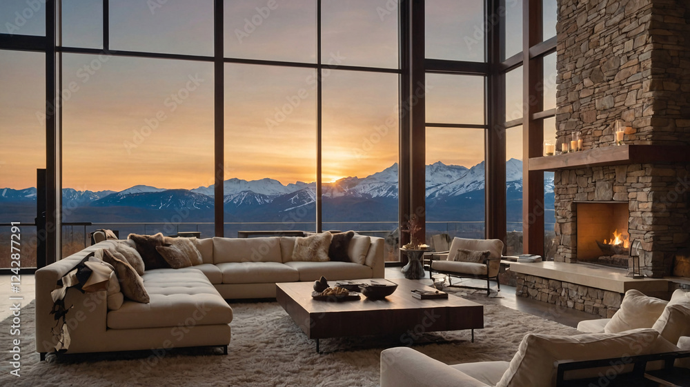 Cozy living room with beige sofa stone wall fireplace fur carpet and large windows offering golden hour views of snow covered mountain peaks Interior Design Inspiration Cozy living room with beige sofa stone wall fireplace fur carpet and large windows offering golden hour views of snow covered mountain peaks Interior Design Inspiration