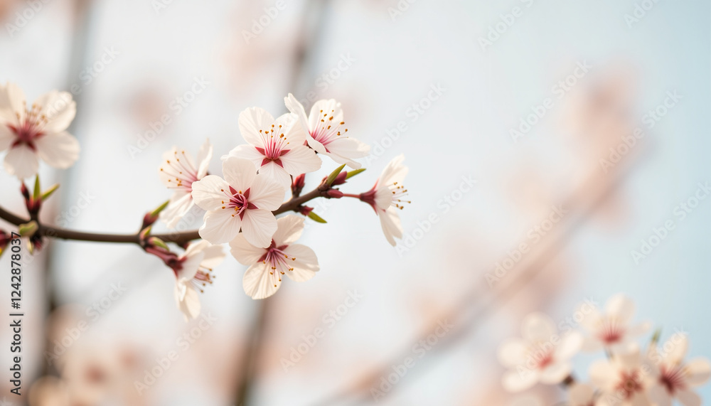 Minimalistic cherry blossom branch against soft blue sky Minimalistic cherry blossom branch against soft blue sky