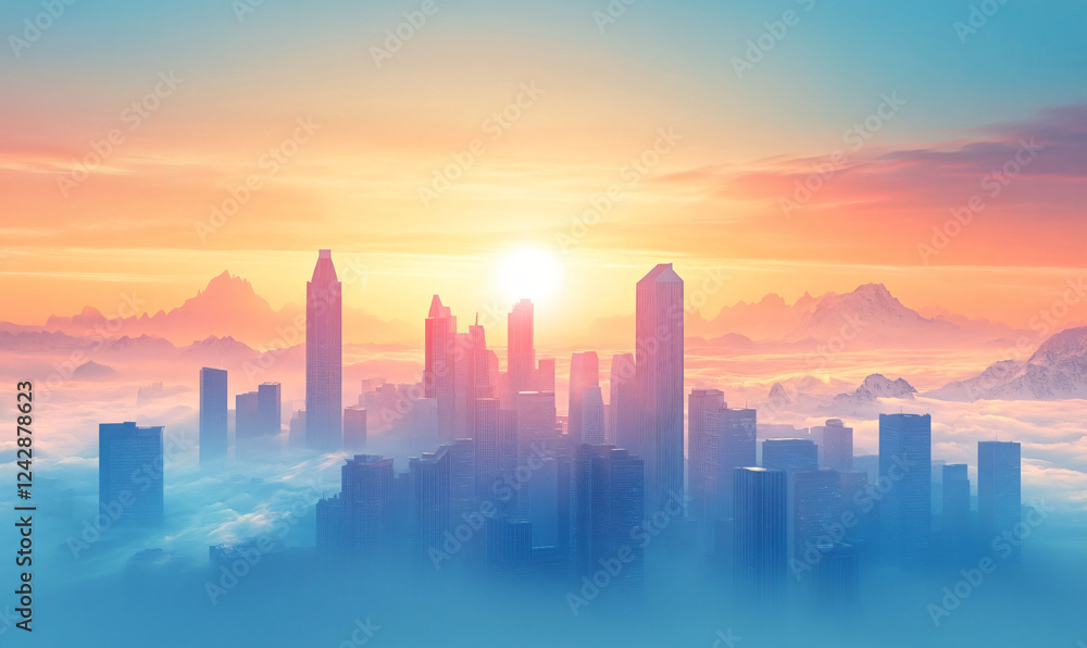 Fototapeta premium Cityscape at Sunrise with Mist, Mountains, and Modern Architecture.