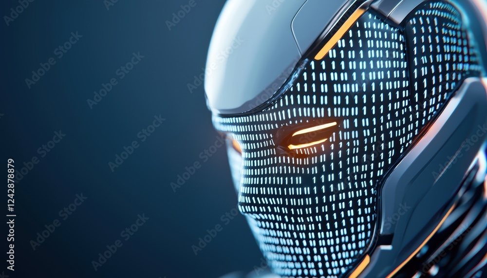 Digital humanoid model with reflective surfaces, illuminated by binary streams in vibrant blue, futuristic and sleek aesthetic Digital humanoid model with reflective surfaces, illuminated by binary streams in vibrant blue, futuristic and sleek aesthetic