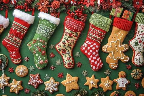 Christmas Festive Still Life: Knit Stockings, Gingerbread Cookies, and Holiday Decorations photo