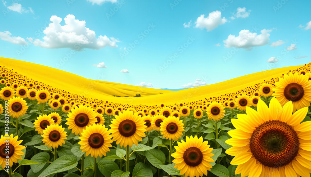 Fototapeta premium Vibrant sunflower field under clear blue sky, nature's beauty