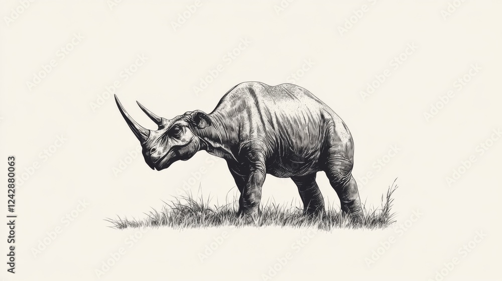 Fototapeta premium Prehistoric rhino illustration, grassland background, paleontological art, educational use
