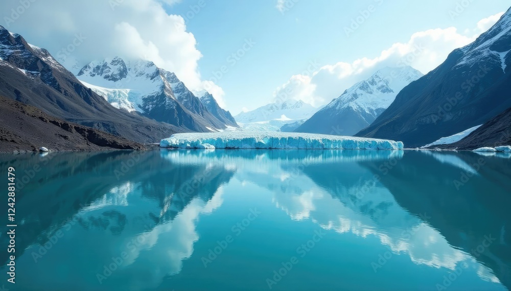 Fototapeta premium Glaciers in the distance with mountains and turquoise lake reflected, blue, wintery, icy