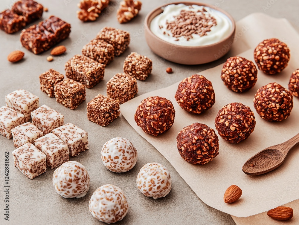 Obraz premium Colorful assortment of healthy snacks displayed on a neutral surface with nuts and yogurt