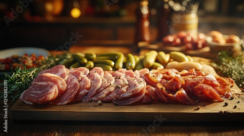 Wooden board with cured meats and pickles, appetizers photo