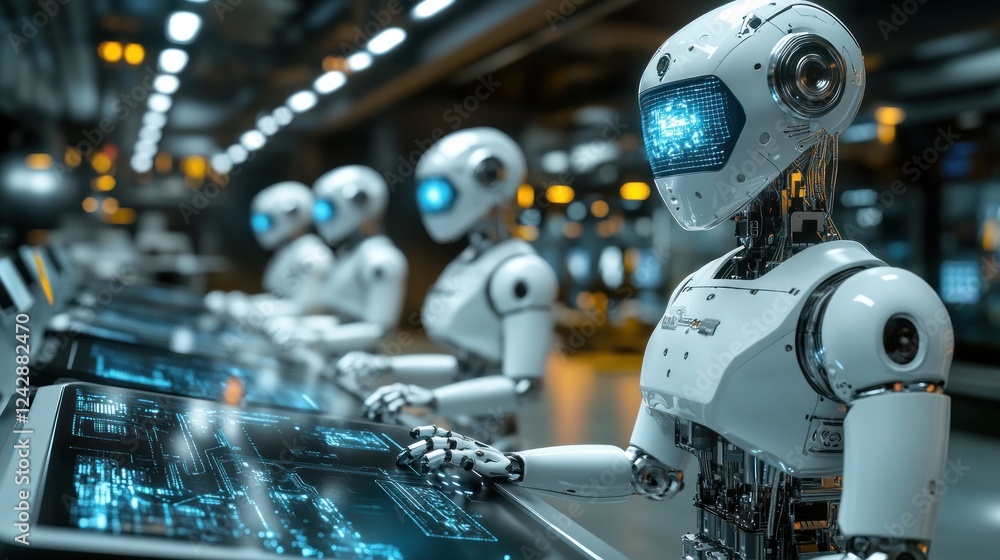 Advanced Robots Working Together on Futuristic Technology Advanced Robots Working Together on Futuristic Technology