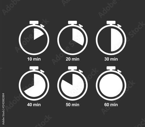 Timer, clock, stopwatch isolated vector icon. Timer icon set, timer from 10 to 60 minutes, vector illustration. 10, 20, 30, 40, 50, 60 min, timer clock.