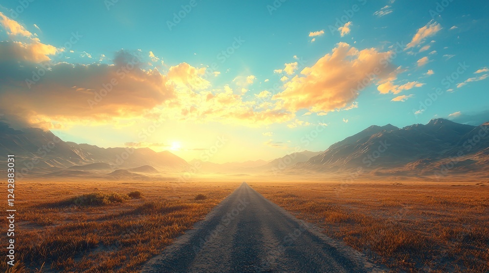 Sunset road trip, mountain valley, hazy horizon, travel poster Sunset road trip, mountain valley, hazy horizon, travel poster