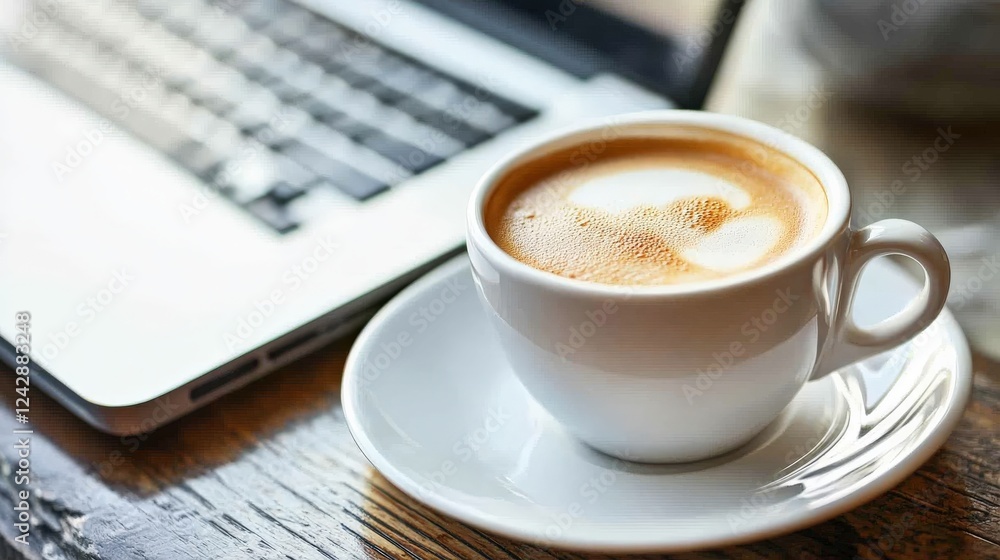 Close-up of a latte in a white cup on a saucer beside a laptop on a wooden table Close-up of a latte in a white cup on a saucer beside a laptop on a wooden table
