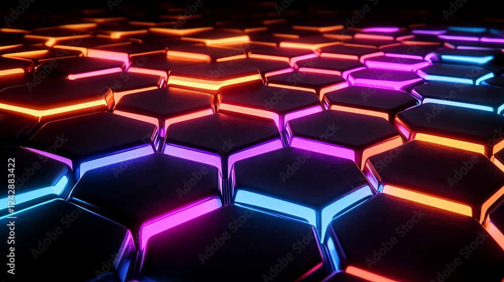 Obraz premium Neon Hexagon Grid Abstract Digital Pattern
