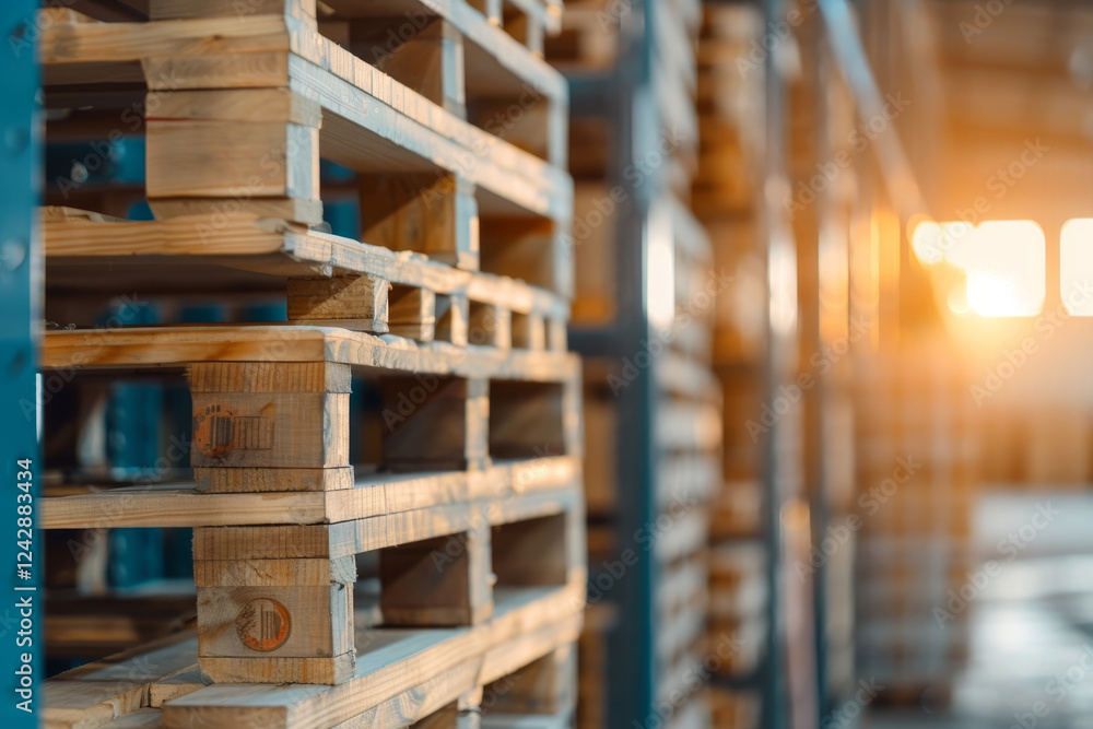 Wooden pallets stacked in an industrial warehouse environment, representing eco-friendly and renewable resources. Sustainability in supply chains and the role of wood pallets in cargo and shipping. Wooden pallets stacked in an industrial warehouse environment, representing eco-friendly and renewable resources. Sustainability in supply chains and the role of wood pallets in cargo and shipping.