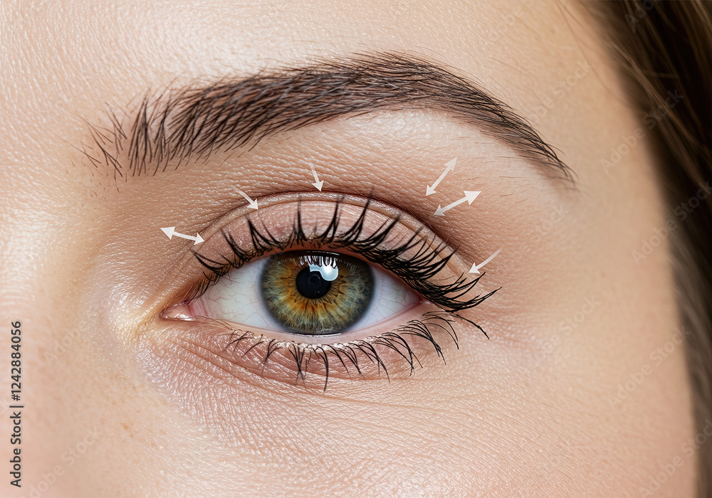 Blepharoplasty concept. Closeup view of lady eye with arrows point in direction of planned oculoplastic surgery to tighten and lift the skin around the eyes Blepharoplasty concept. Closeup view of lady eye with arrows point in direction of planned oculoplastic surgery to tighten and lift the skin around the eyes