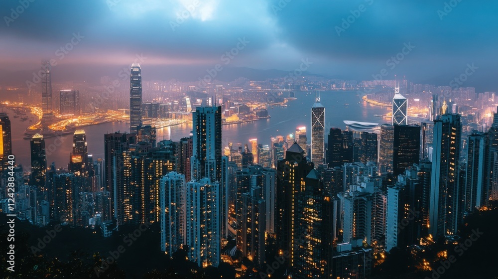 Fototapeta premium Cityscape at Night with Skyscrapers and Harbor View