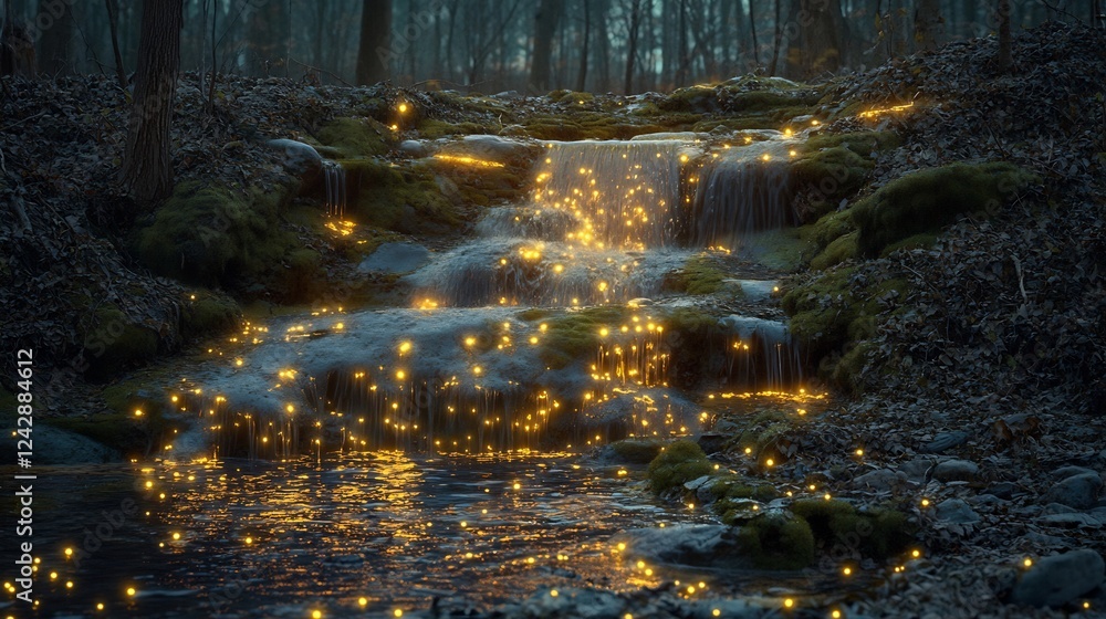 Magical forest stream glows softly with ethereal light. AI Generated Magical forest stream glows softly with ethereal light. AI Generated