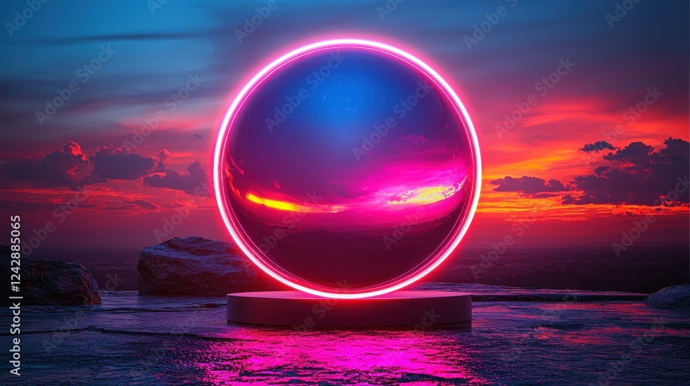 Sunset sphere portal neon landscape display Sunset sphere portal neon landscape display