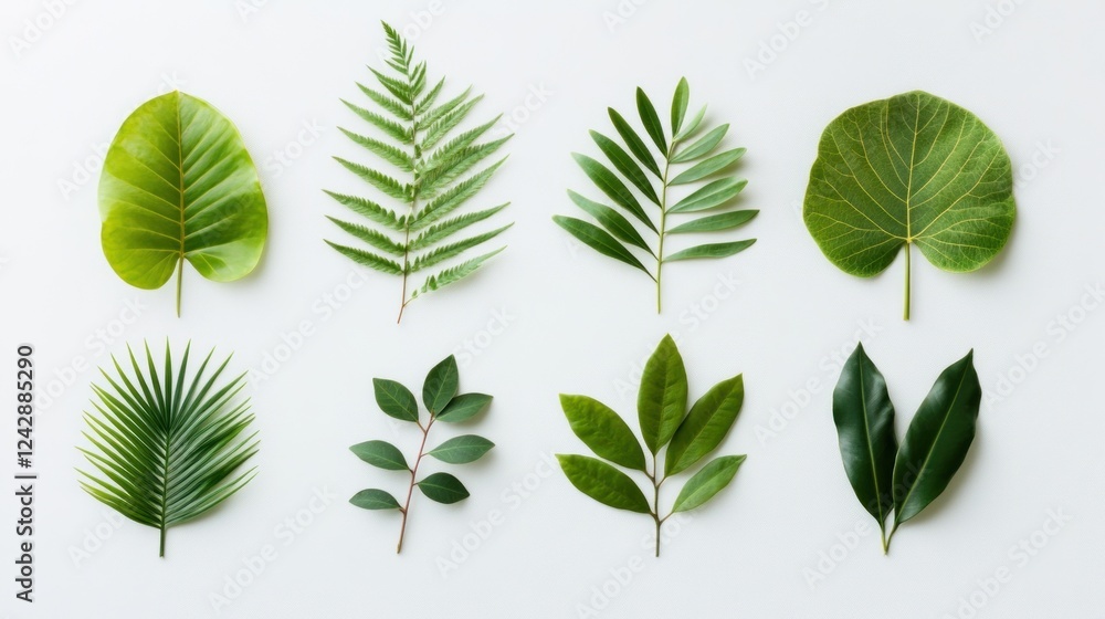 Assorted Green Leaves Arranged on White Background Assorted Green Leaves Arranged on White Background