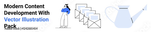 Woman thinking beside stacked email envelopes and a watering can. Ideal for communication, content marketing, nurturing leads, creativity, education, business growth, flat landing page banner