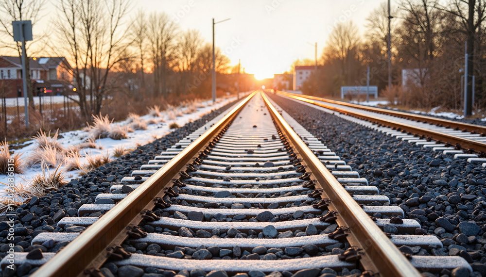 Frosted train tracks at sunrise, evoking solitude and desolation Frosted train tracks at sunrise, evoking solitude and desolation