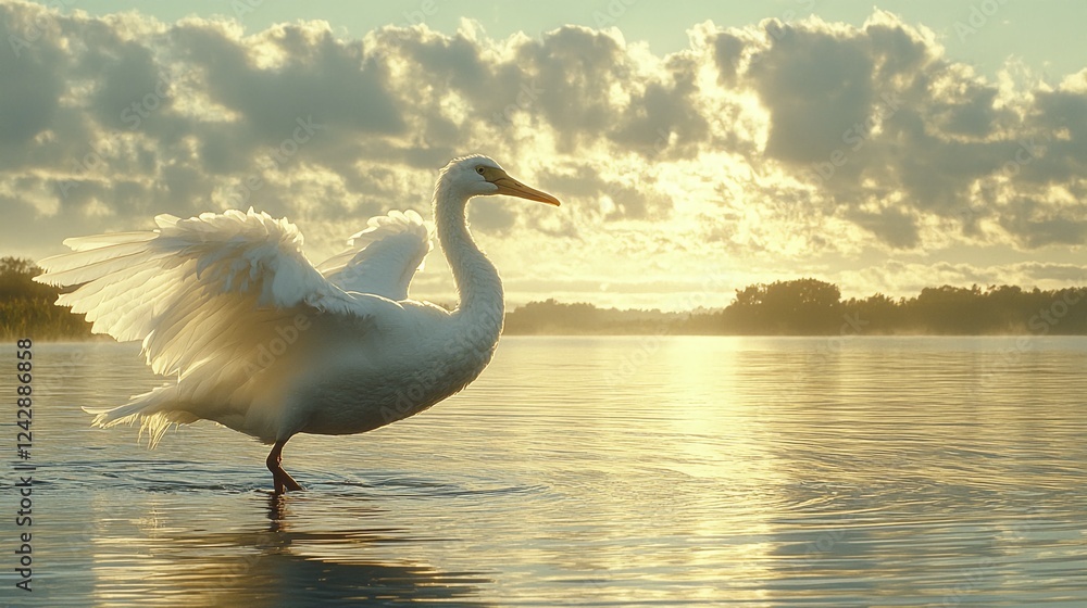Elegant White Bird Standing Gracefully in Serene Waters at Sunset Elegant White Bird Standing Gracefully in Serene Waters at Sunset