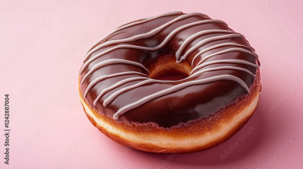 A chocolate doughnut set with a silky chocolate drizzle, isolated against a pastel pink background for a minimalist aesthetic A chocolate doughnut set with a silky chocolate drizzle, isolated against a pastel pink background for a minimalist aesthetic