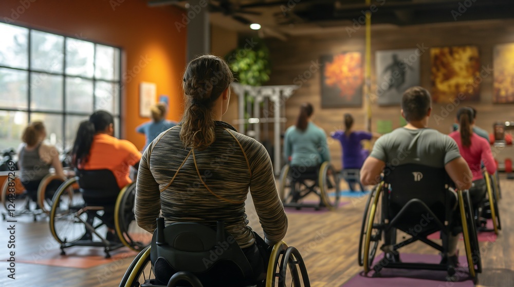 Participants in comfortable attire engage in an accessible fitness class, using modified exercises and adapted equipment in a naturally lit gym atmosphere that promotes inclusivity