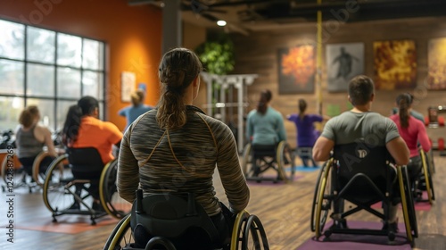 Participants in comfortable attire engage in an accessible fitness class, using modified exercises and adapted equipment in a naturally lit gym atmosphere that promotes inclusivity