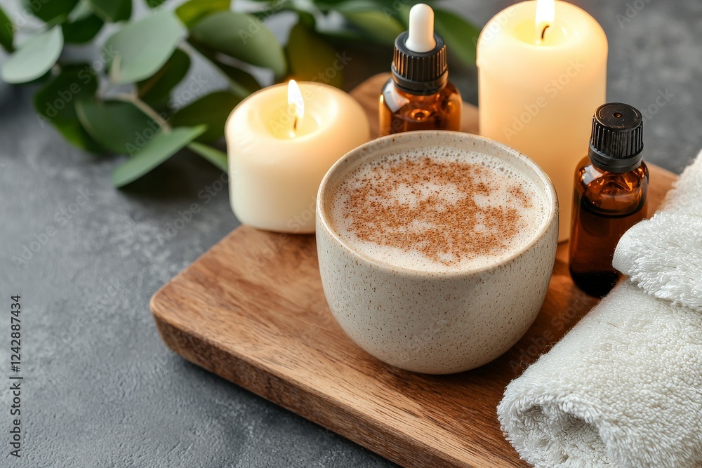 Cozy Spa Setting with Aromatherapy Oils, Candles, Herbal Drink and Soft Towel on Natural Wooden Tray Cozy Spa Setting with Aromatherapy Oils, Candles, Herbal Drink and Soft Towel on Natural Wooden Tray