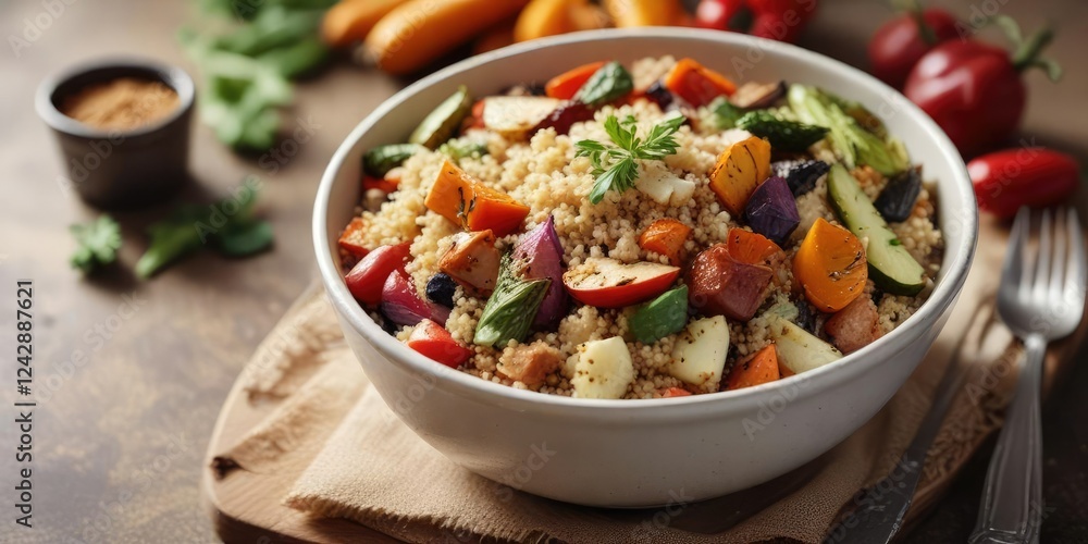 Wholesome bowl of quinoa with roasted vegetables and lean protein, , vegetable platter Wholesome bowl of quinoa with roasted vegetables and lean protein, , vegetable platter