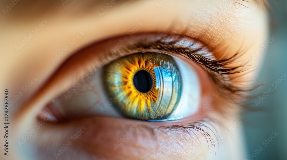 Fototapeta premium Close-up eye reflection, cityscape, macro shot, ophthalmology