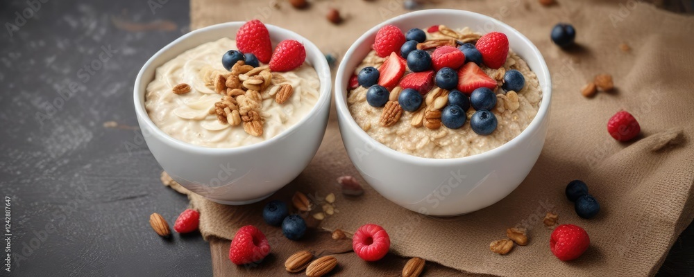 Wholesome oatmeal bowl with fresh berries and nuts , fresh berries, farmhouse decor Wholesome oatmeal bowl with fresh berries and nuts , fresh berries, farmhouse decor