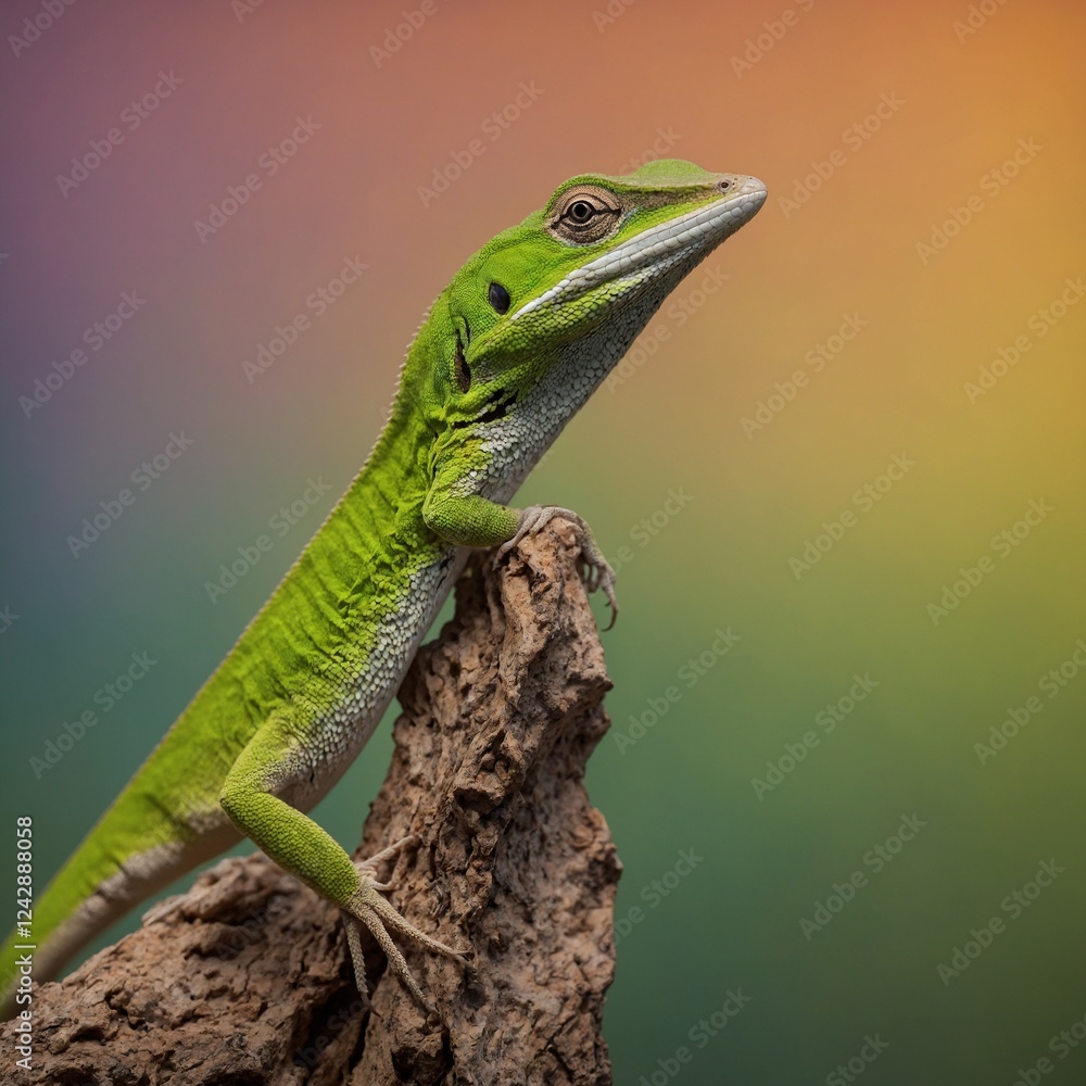 A bright lime green anole perched against a sunset gradient background.