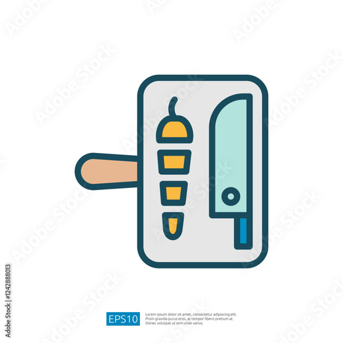 Colorful Cooking Icon Featuring Knife And Vegetables On A Cutting Board In A Modern Kitchen Context