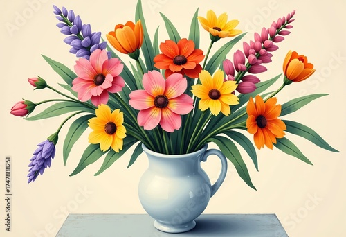 Wallpaper Mural Spring Flower Bouquet: Vintage Style, Colorful Flowers, White Vase, Pastel Palette, Gouache Brushstrokes, Simple Clean Background, Pink, Yellow, Orange, Red Torontodigital.ca