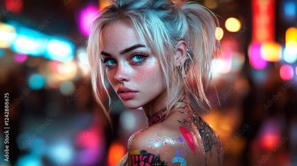 Cyberpunk Fashion Portrait: A captivating portrait of a young woman with striking platinum blonde hair, vibrant blue eyes, and intricate body art. Cyberpunk Fashion Portrait: A captivating portrait of a young woman with striking platinum blonde hair, vibrant blue eyes, and intricate body art.