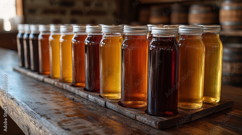 Assorted honey jars displayed on a rustic wooden table in a cozy, warm-toned setting Assorted honey jars displayed on a rustic wooden table in a cozy, warm-toned setting