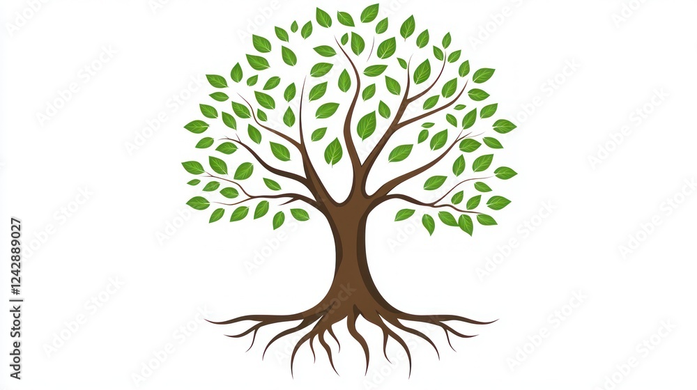 Lush green tree, strong roots, white background; nature, growth concept Lush green tree, strong roots, white background; nature, growth concept