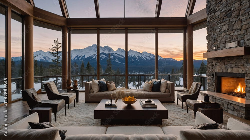 Fototapeta premium Tranquil rustic living room with beige sofa stone wall fireplace fur rug and breathtaking views of snow capped mountains during golden hour Interior Design Inspiration