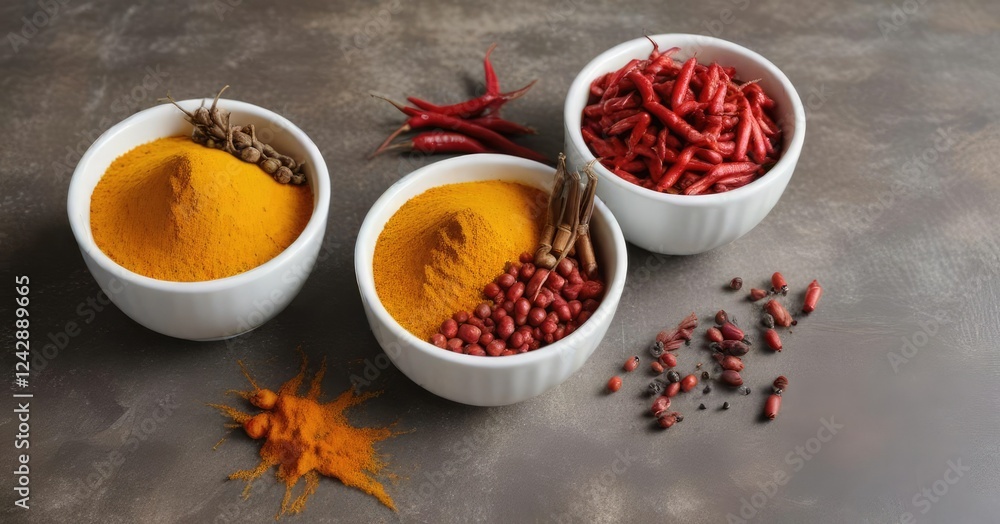 White bowls arranged with red chili peppers, turmeric powder, and whole peppercorns on rustic surface, flavoring, aromatic, food styling, arrangement, organic ingredients White bowls arranged with red chili peppers, turmeric powder, and whole peppercorns on rustic surface, flavoring, aromatic, food styling, arrangement, organic ingredients