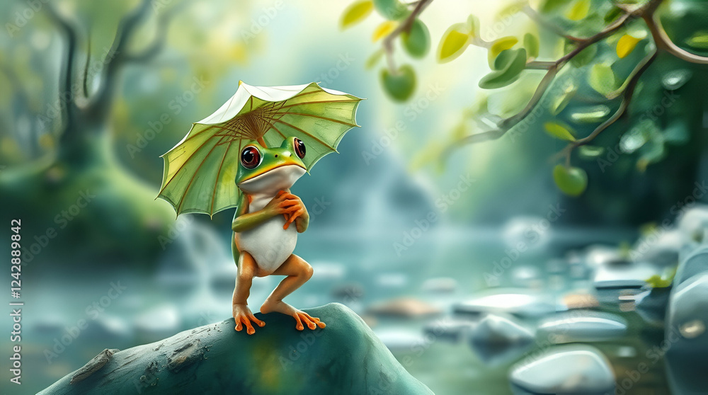 Naklejka premium A Stunning Green Frog Resting on a Tree Limb, Using a Leaf as an Umbrella Over the Serene Jungle Waters with natural background ai. 